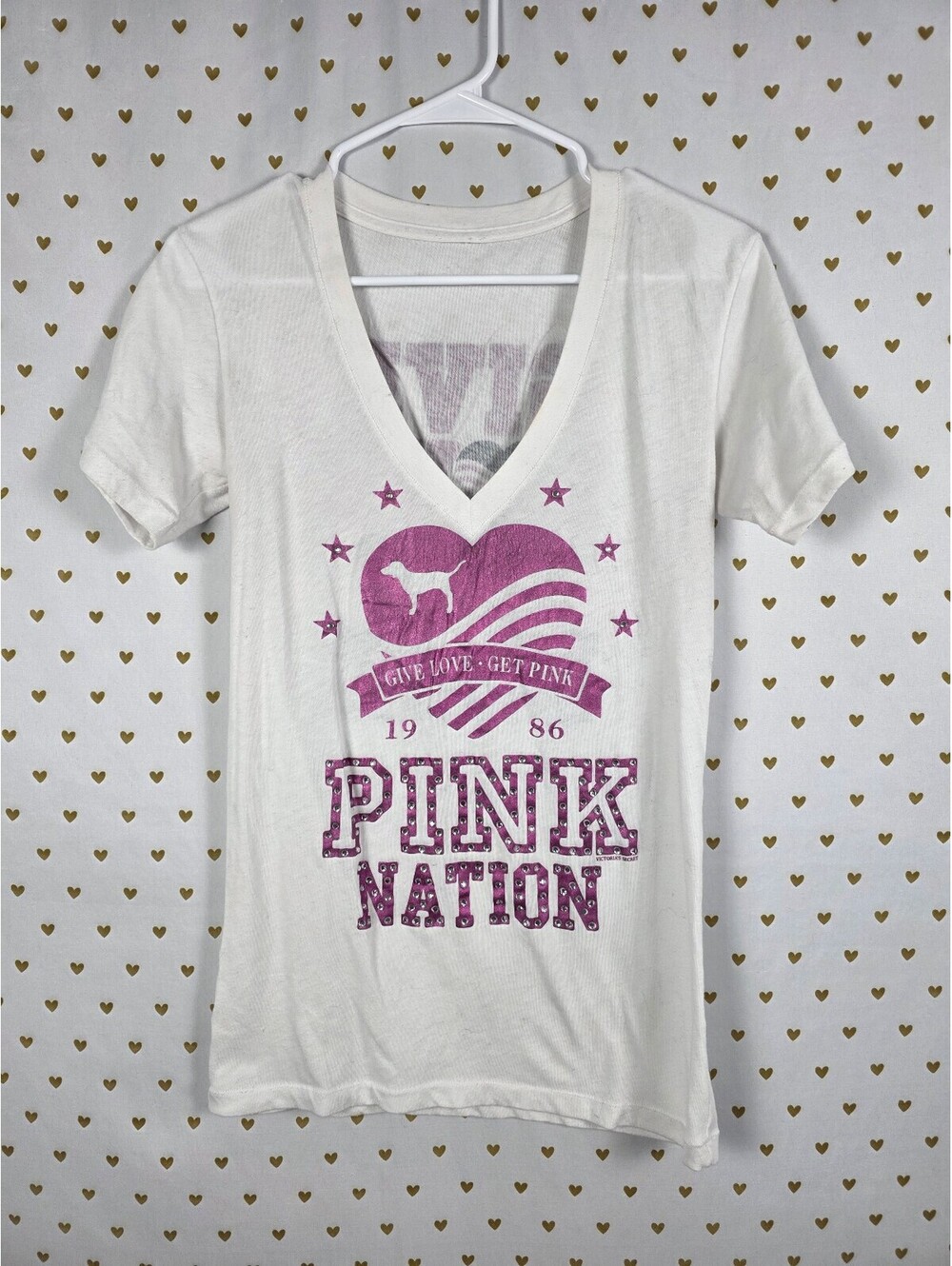 Victorias Secret PINK NATION LOVE Collectors Tee shirt White V neck Small